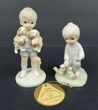 Set Of 2 Vintage Lefton Figurines Boy With Puppy Dogs Boy With Squirrels