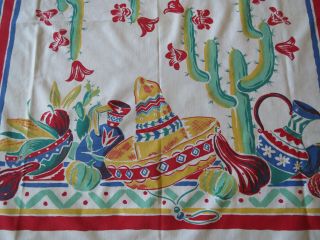 Vintage 1950s California Hand Print Tablecloth Cactus Sombrero Chiles