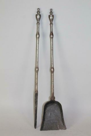 A Rare Pair 18th C Wrought Iron Hearth Tools A Shovel & Poker Best Urn Handles