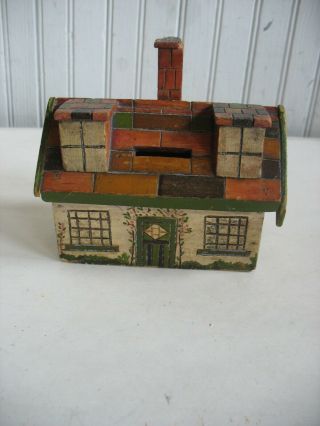 Early 1900s Cottage House Model Wood Handpainted Folk Art Bank Coin Box As Found