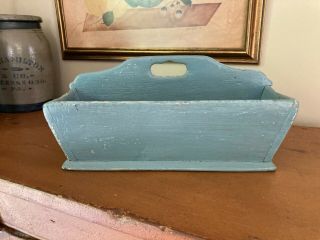 Antique Primitive Pine Wood Knife Box / Utensil Tray - Blue Paint - Square Nails