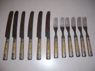 1800s Antique Primitive Utensils Forks & Knife Set - Bone Handles - Tulip Motif