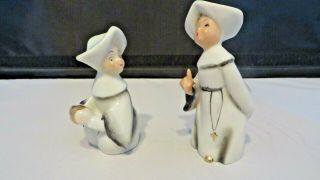 2 Vintage Ceramic Nun Religous Figurines White Habits Church Japan Label