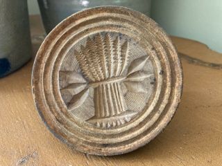 Antique Primitive Turned & Carved Wood Wheat Sheaf Butter Stamp - Farmhouse