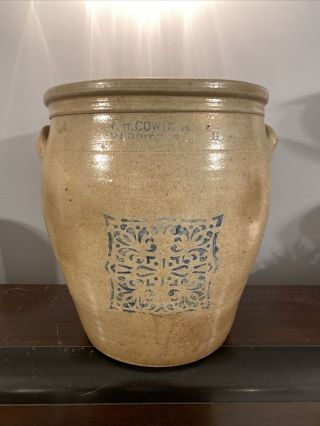 Antique 4 Gallon Stoneware Crock F H Cowden Harrisburg Pa Cobalt Stencil Design