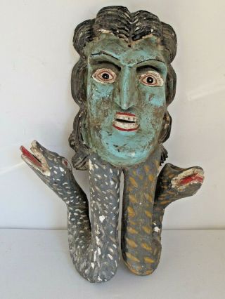 Vintage Mexican Folk Art Carved Wood Mask Woman With Snakes From Guerrero 1970 