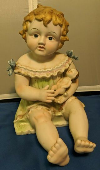 Large 12 Inch Vintage Bisque Porcelain Girl With Baby Doll Figure