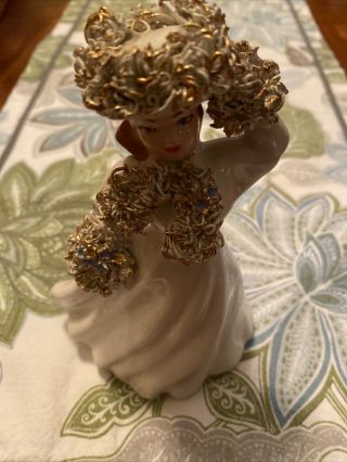 Vintage Ceramic Victorian Lady Figurine With Spaghetti Trim