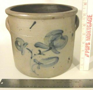 Antique Americana Salt Glazed Stoneware Cobalt Blue Flowers Crock Jar 2