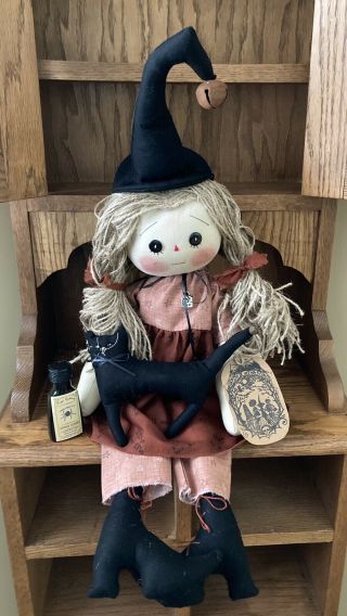 Primitive Halloween Witch Doll With Cat And Potion Bottle " Miranda " Shelf Sitter