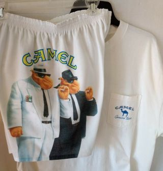 Joe Camel White Fleece Shorts & Vintage 90s Camel Cigarettes Pocket T - Shirt