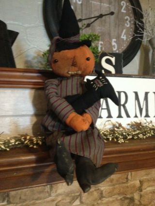 Primitive Grungy Halloween Fall Pumpkin Witch Doll With Cat Decor