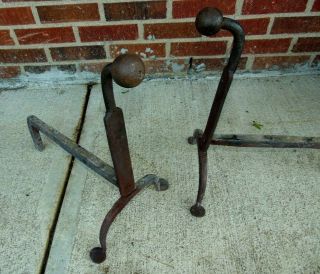 Rare 18th Century Colonial Hand Forged Gooseneck Cannonball Andirons - Antique