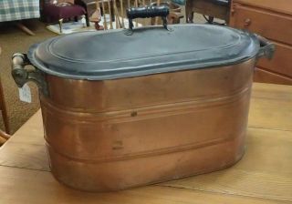 Antique Heavy Copper Wash Tub Boiler Wooden Handles Primitive House Farm Decor