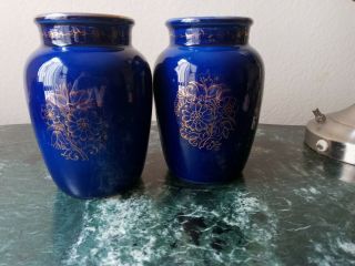 Vintage Cobalt Blue Porcelain Vases Gold Trim Decorations Russia