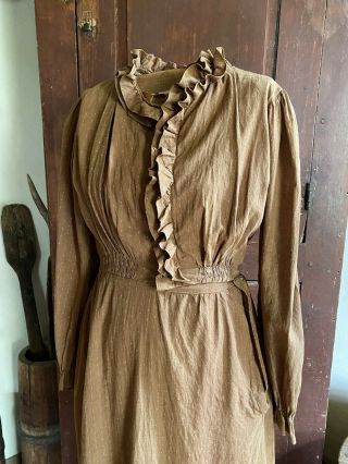Rare Early Antique Nutmeg Brown Ladies Calico Prairie Farm Dress Textile Aafa