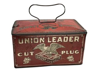 Vintage Union Leader Cut Plug Chewing Smoking Tobacco Antique Red Lunch Box Tin