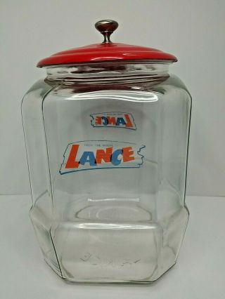 Vintage 11” Lance Cracker Cookie Glass Jar General Store Display Red Lid