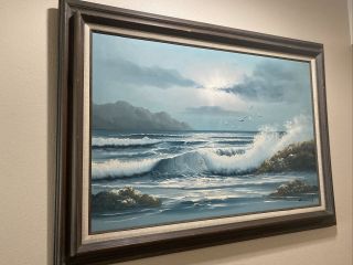 Signed Collins Oil Painting Ocean Beach Water Landscape Framed Large 24” X 36”