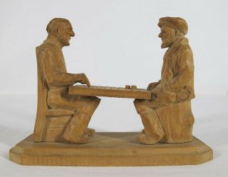 Vintage Gerard Fortin Canadian Quebec Wood Carving Men Playing Lap Checkers Yqz