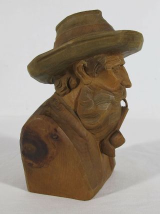 Antique 7 " Black Forest Wood Carving Old Bearded Man W/hat Smoking Pipe Bust Yqz