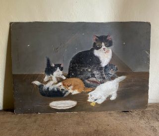 Sweet Old Antique Hand Painted Cat Playing Kittens Painting Board Folky Aafa