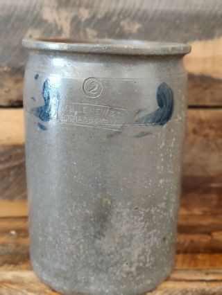 Lehew & Co Strausburg Va Antique Country Storage Jar With Blue Cobalt Design