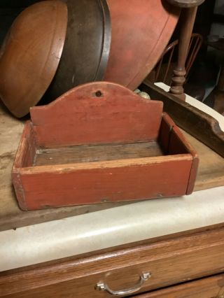 Early 19th Century Hanging Candle Wall Box Period Red Paint Square Nail