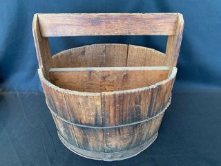Antique Primitive Wood Bucket W/thick Handle & Divider Wire Banding Rustic Pail