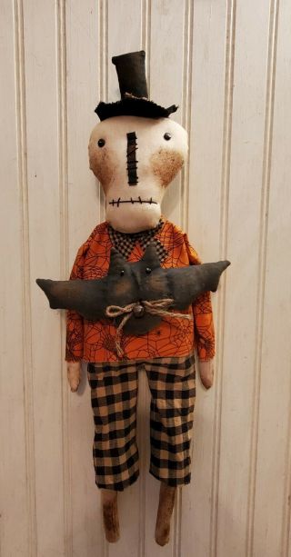 Primitive Grungy Little Skeleton Halloween Doll & His Spooky Bat