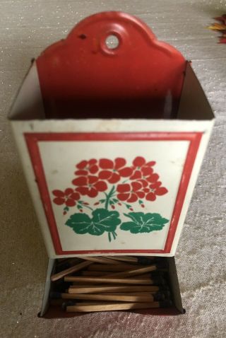 Vintage Metal Tin Match Holder Wall Mount Red With Red Flowers