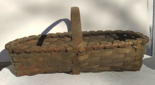 Antique Primitive Large Wood Splint Tobacco Basket Wood Brace On Bottom