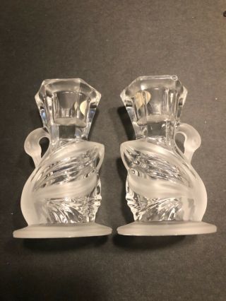 Set Of 2 Partylite Crystal Swan Candle Holders 24 Lead Crystal Taper Style