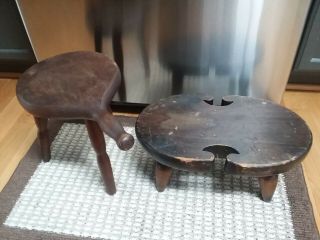 Ethan Allen & Old 3 Leg Walnut Milking Stool With Handle Stool As Pair
