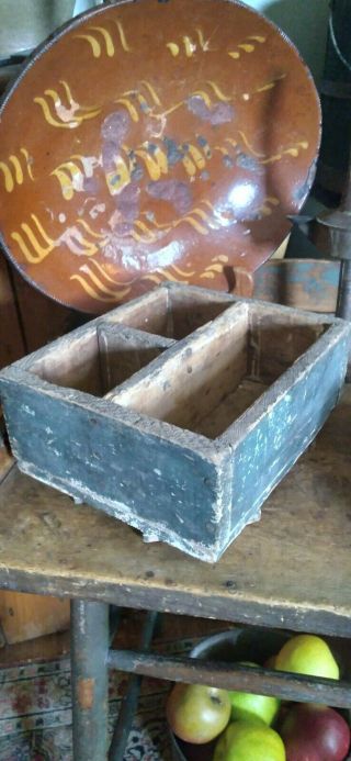 Antique Early Handmade Riser Wood Cubby Box Tote Orig.  Blue Paint 8 " Attic Style