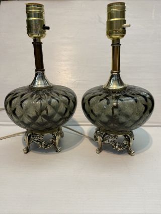 Pair Vintage Mid Century Modern Green Patterned Glass Table Lamp Retro 1960s