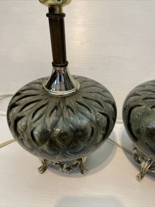 PAIR Vintage Mid Century Modern Green Patterned Glass Table Lamp Retro 1960s 3
