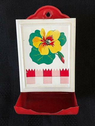 Vintage Red Metal Tin Match Holder Wall Mount W/yellow Flower & Gingham Pattern