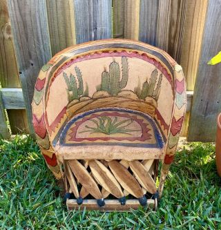 Vintage Mexican Folk Art Painted Child Size Equipale Chair Pigskin Cedar Strips
