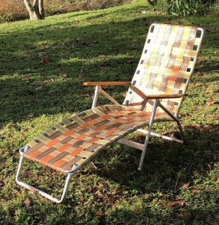 Mcm Vintage Aluminum Lounge Chaise Patio Lawn Beach Chair Orange Burst Webbing