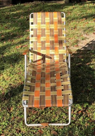 MCM Vintage Aluminum Lounge Chaise Patio Lawn Beach Chair Orange Burst Webbing 2
