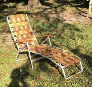 MCM Vintage Aluminum Lounge Chaise Patio Lawn Beach Chair Orange Burst Webbing 3