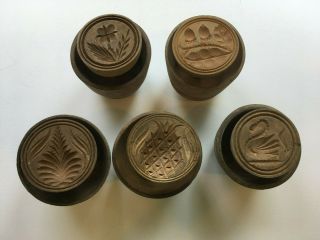 Antique Wooden Butter Molds With Carved Stamps - Set Of Six