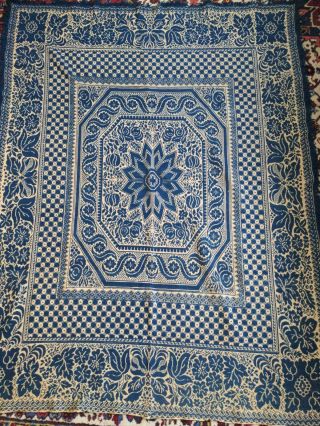 Antique Coverlet American Blue & White Summer Winter 19th C Cutter