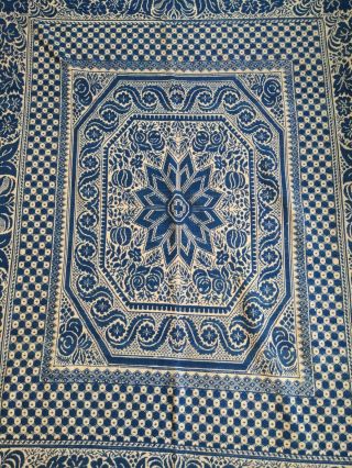 Antique Coverlet American Blue & White Summer Winter 19th C Cutter 2
