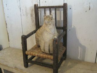 Old Primitive England Brown Paint Wood Rag Doll Chair Woven Seat Aafa