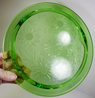 Vintage Green Depression Glass Cake Plate Stand Hostess Party Floral Sunflower