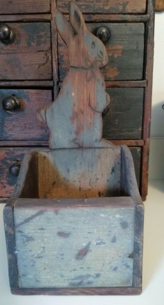 Early Primitive Wooden Hanging Rabbit Wall Box Old Paint