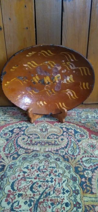 Rare Antique Early Redware Pottery Yellow Slip Platter Plate Norwalk Ct 14 "