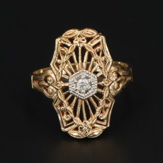 Vtg 14k Yellow Gold / 585 Victorian Diamond Ornate Floral Ring Size 6.  5 - 2.  29g